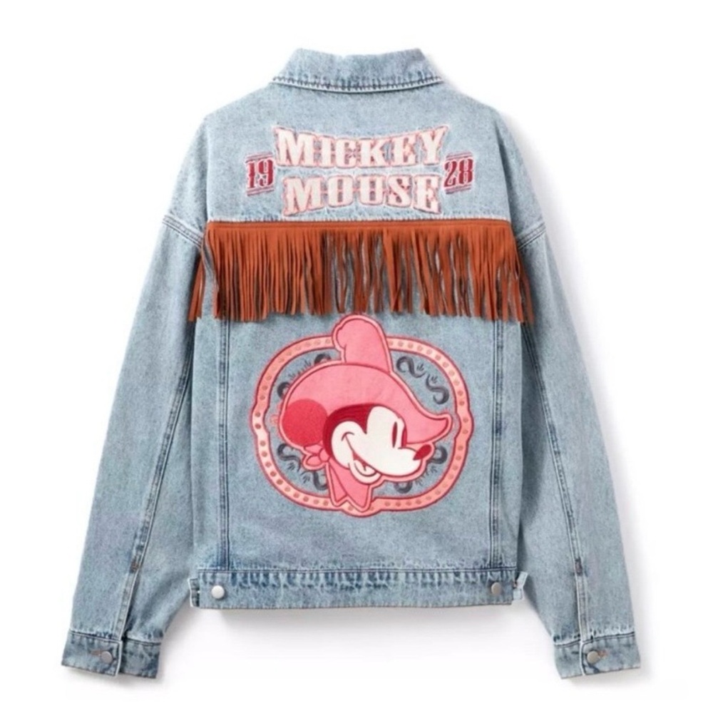 Disney Mickey Mouse Pink Graphic Fringe Denim Jacket